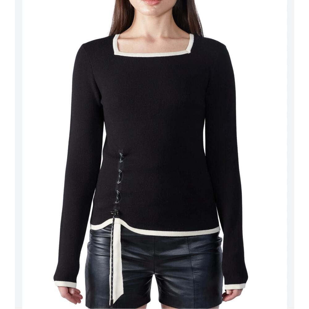 FANG NEW Grommet Knit Long Sleeves Top Size S Paracord Fastening Square Neckline